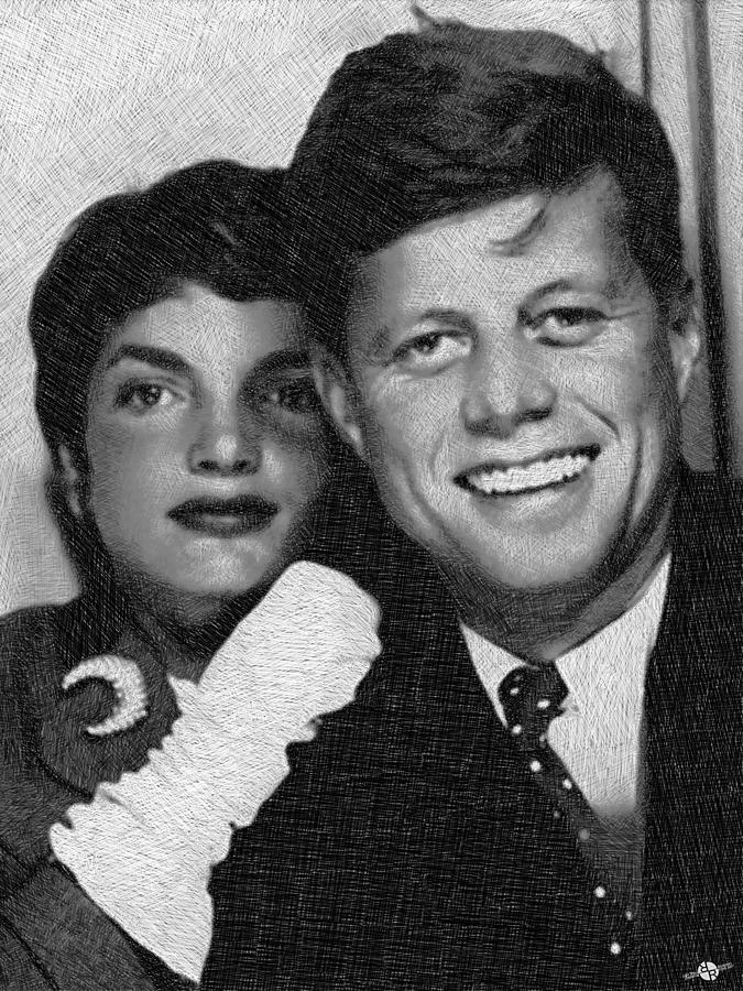 John F Kennedy And Jackie Drawing by Tony Rubino