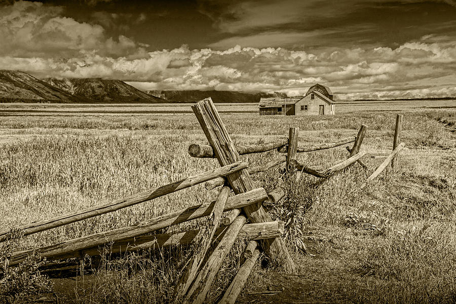 Grand Teton National Park Photograph - John Moulton Farm with Wood Fence in Sepia by Randall Nyhof