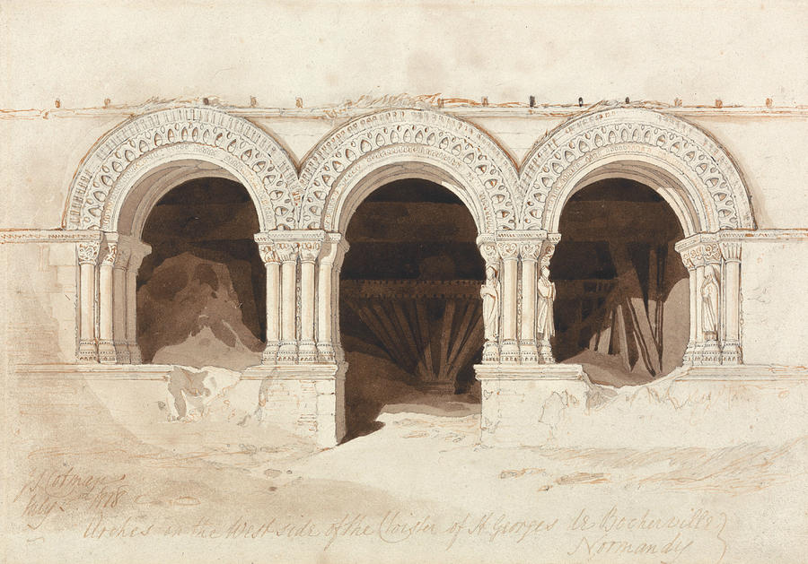 Arches in the West Side of the Cloister of Saint Georges de Bocherville Drawing by John Sell Cotman