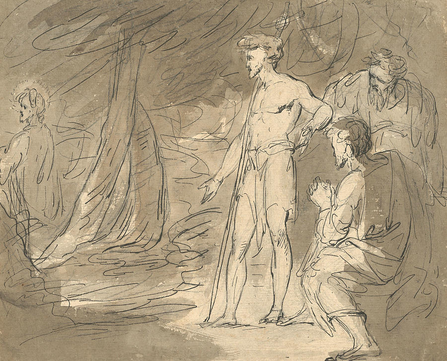 John the Baptist and Two Men, with Christ Drawing by William Hamilton