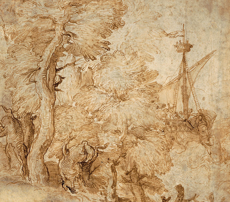 Jonah and the Whale seen from a Landscape with Trees Drawing by Taddeo Zuccaro