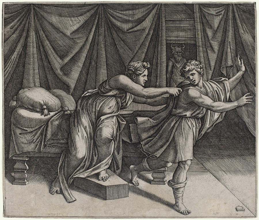 Joseph and Potiphars Wife Drawing by Marcantonio Raimondi