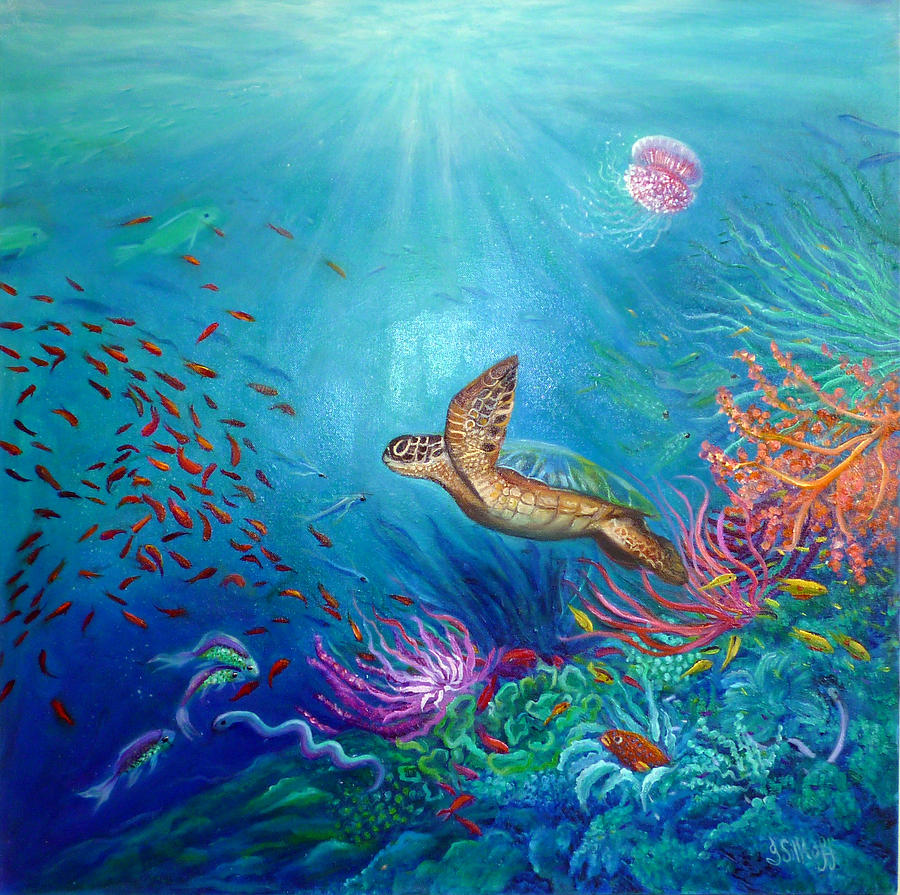 Greenback Painting - Journey Of The Greenback Turtle by Janet Silkoff Greenback Painting - Journey Of The Greenback Turtle by Janet Silkoff