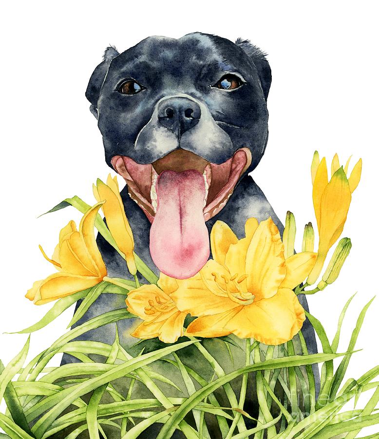 Joy - Pit Bull Dog and Daylily Watercolor Painting Painting by Chiho Watanabe