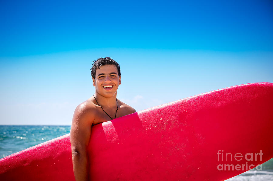 Joyful boy with surfboard Photograph by Anna Om