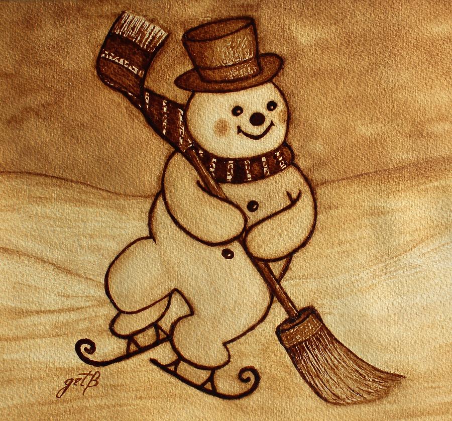 Joyful Snowman  coffee paintings Painting by Georgeta  Blanaru