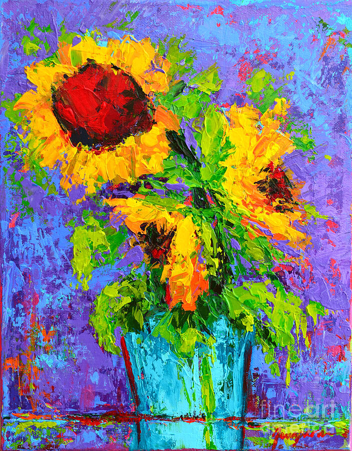 Joyful Trio - Sunflowers Still Life - Modern Impressionistic Art - Palette Knife Painting by Patricia Awapara