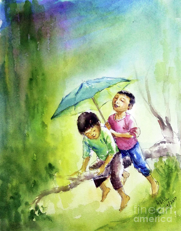 Joys of childhood Painting by Asha Sudhaker Shenoy