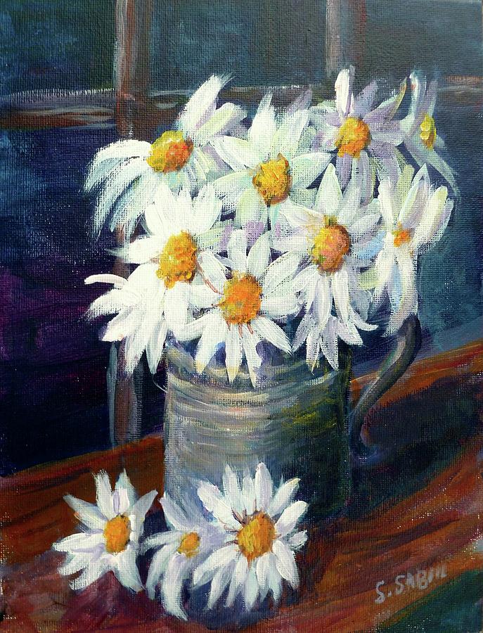 Jug of daisies Painting by Saga Sabin
