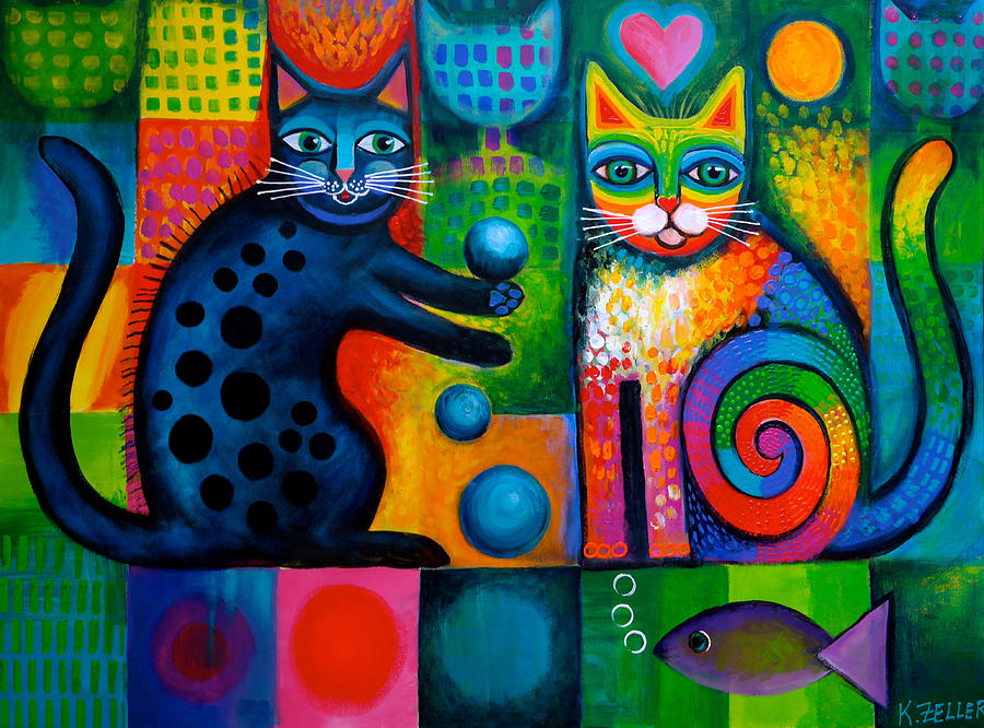 Juggle puss and rainbow cat Painting by Karin Zeller