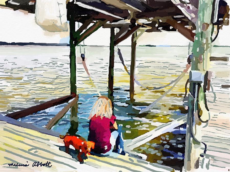 Julie and Noodle on her Banana River Dock, Merritt Island, FL Painting by Melissa Abbott