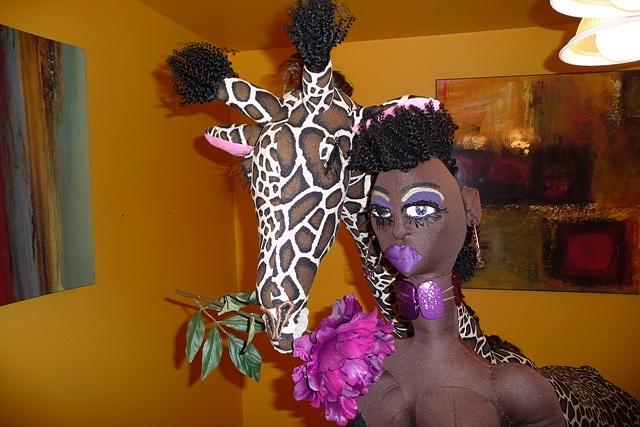 Purple Rose Sculpture - Jungle Beauty Queen and Giraffe by Cassandra George Sturges