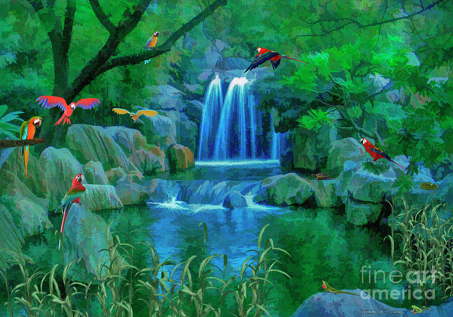 Jungle Water Falls and Parrots Digital Art by Walter Colvin