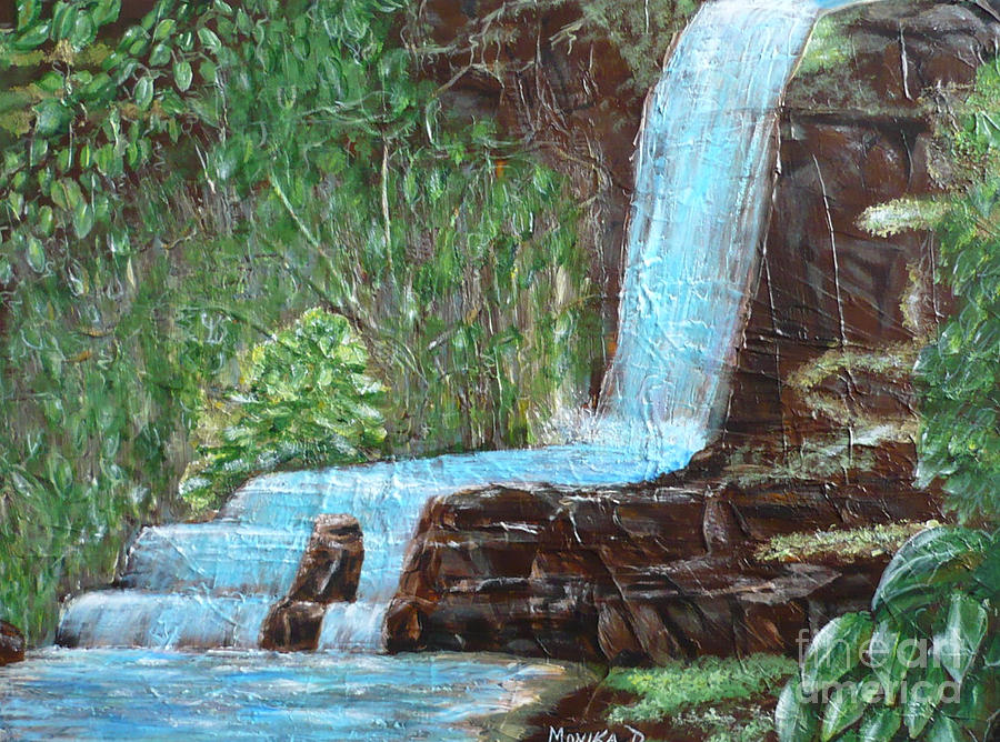 Jungle Waterfall Painting by Monika Shepherdson