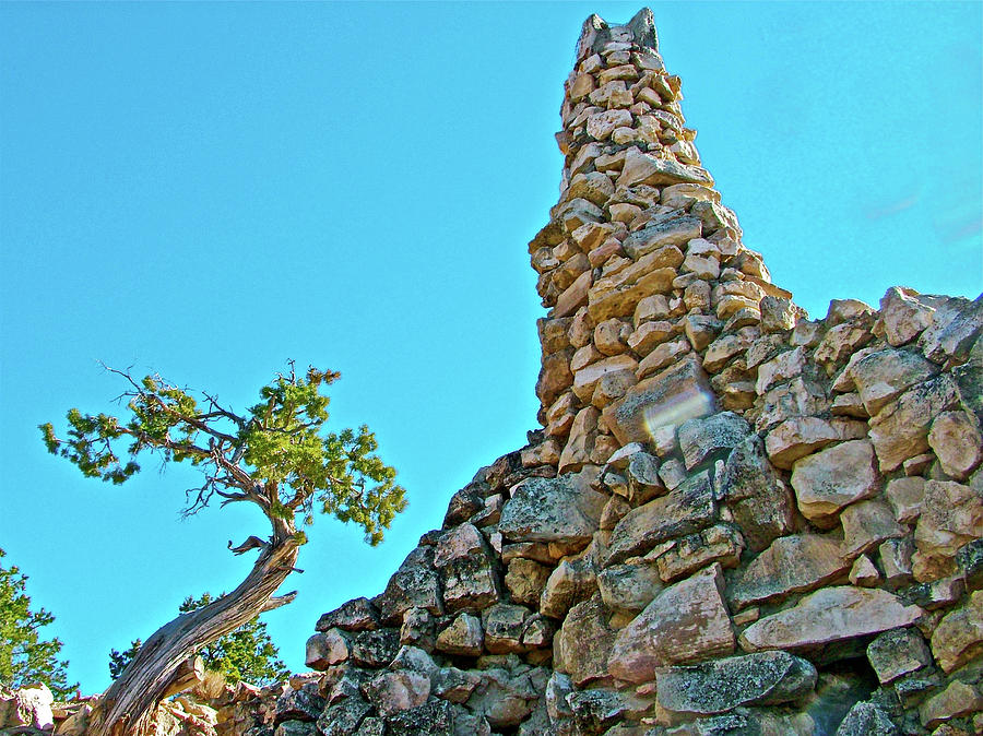 Juniper and Chimney of Mary Colter Buiding at Hermits Rest in Grand Canyon National Park-Arizona  Photograph by Ruth Hager