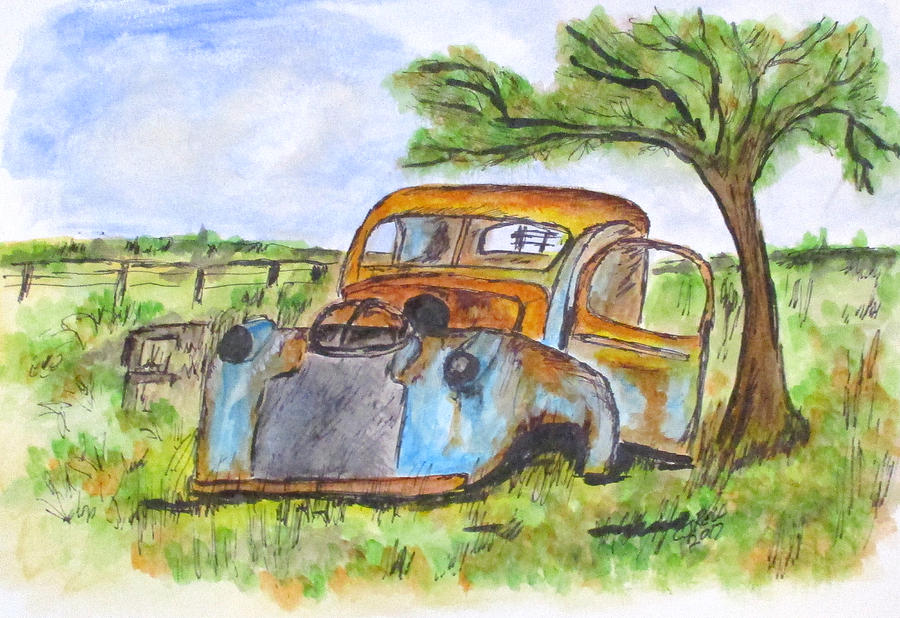 Junk Car And Tree Painting by Clyde J Kell