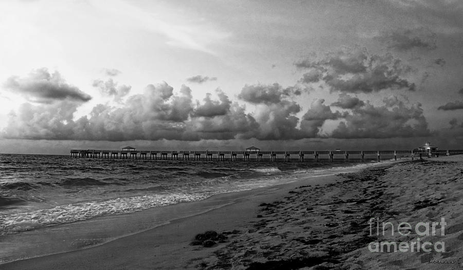 Juno Beach Pier Florida Sunrise Seascape C7 Black and White Photograph by Ricardos Creations
