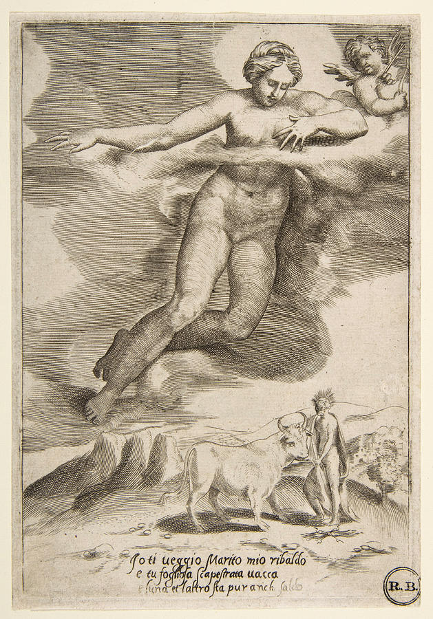 Juno watching Jupiter and Io Drawing by Giulio Bonasone