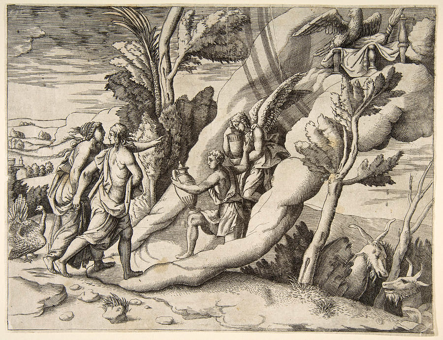 Jupiter and Juno being received in the heavens by Ganymede and Hebe Drawing by Giulio Bonasone