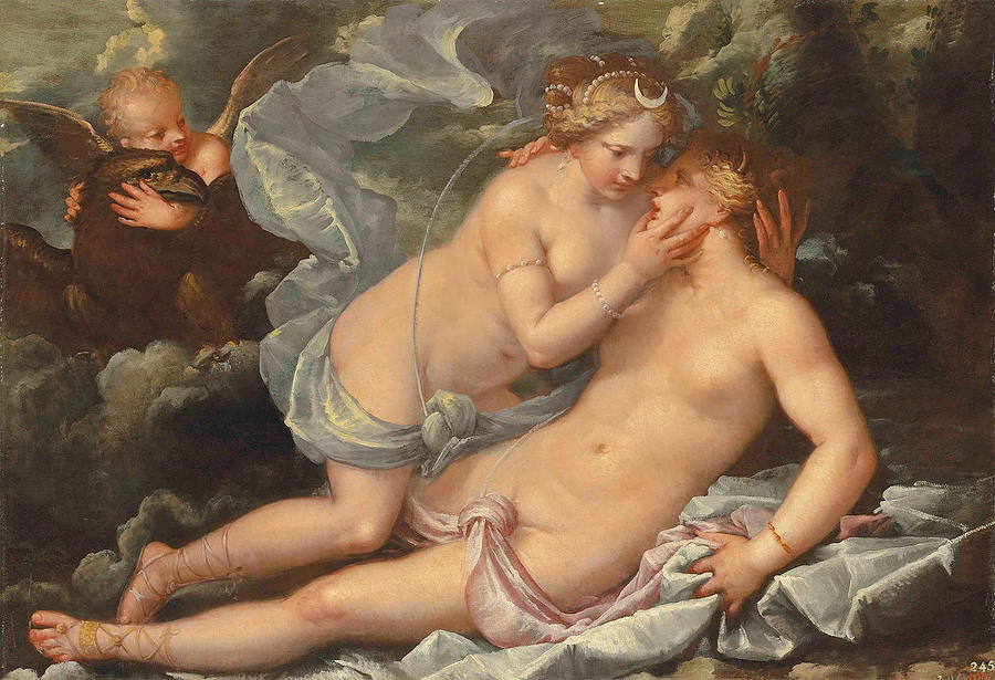 Jupiter in the guise of Diana and the nymph Callisto Painting by Pietro Liberi