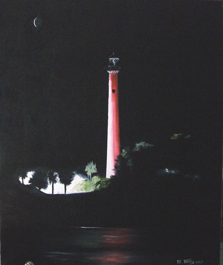 Lighthouse Painting - Jupiter Lighthouse At Night by Maria Mills Lighthouse Painting - Jupiter Lighthouse At Night by Maria Mills