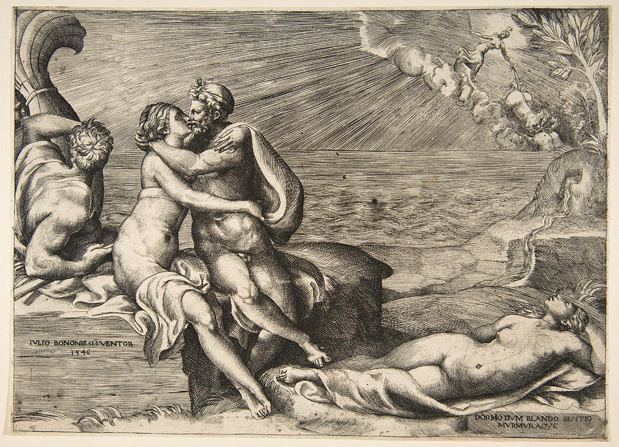 Jupiters love for Juno rekindled when she puts on Venuss Girdle Drawing by Giulio Bonasone