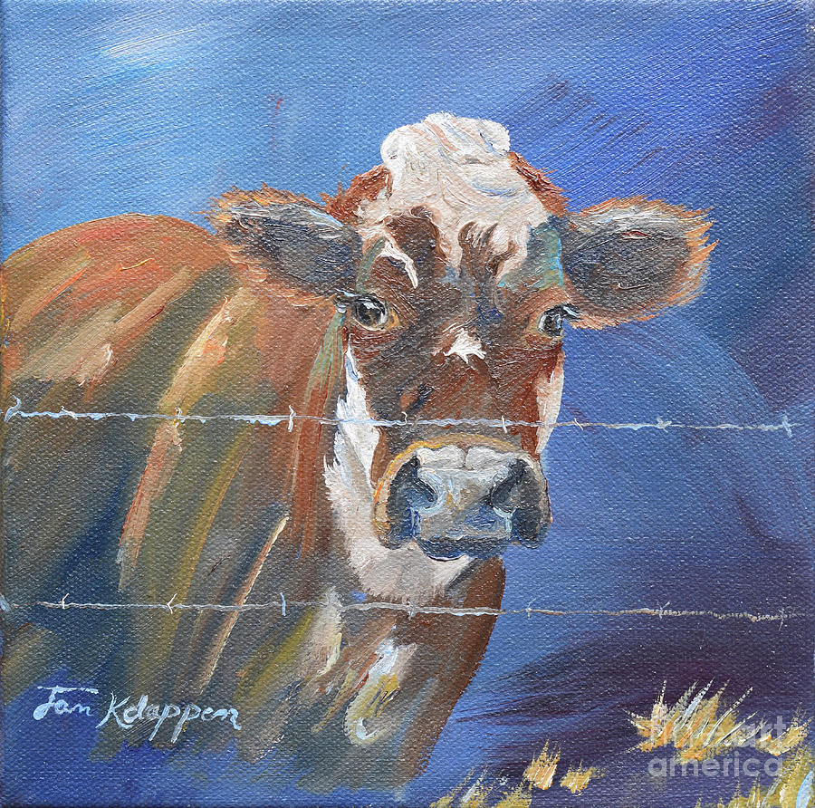 Just a Big Happy Cow on a Little Square Canvas Painting by Jan Dappen