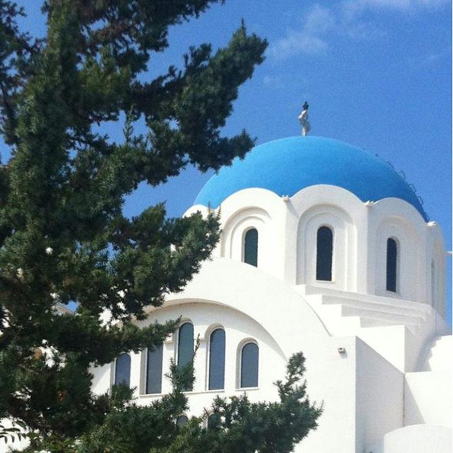 Nature Photograph - Just A White Church With A Blue Dome At by Leandros Kounadis