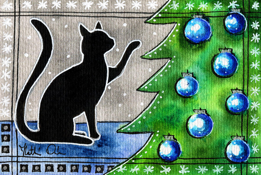 Just Counting Balls - Christmas Cat Painting by Dora Hathazi Mendes