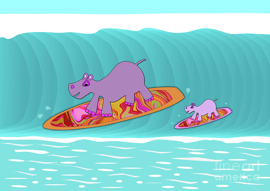 Hippos Surfing - Family Day Out Digital Art by Barefoot Bodeez Art