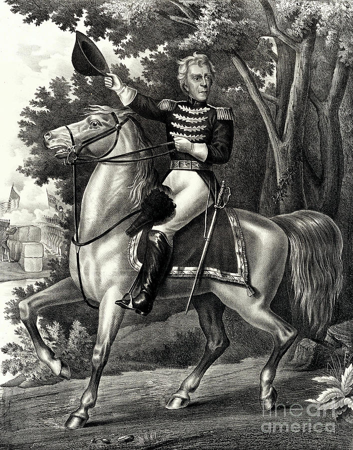 Andrew Jackson with the Tennessee forces on the Hickory Grounds Drawing by American School