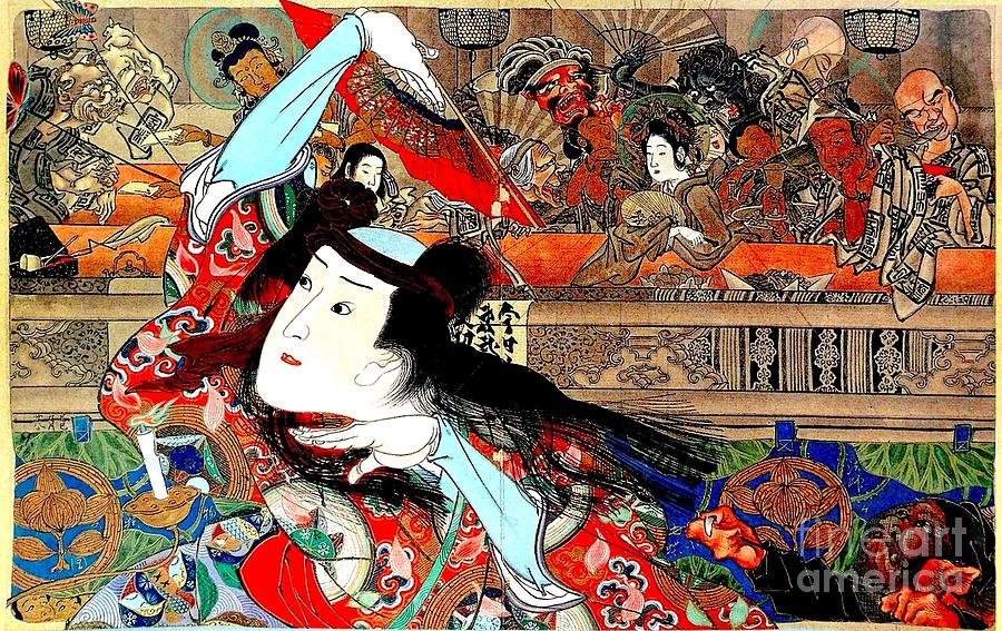 Kabuki Dancers by Kawanabe Kyosai Japanese Meiji Period Painting by Peter Ogden