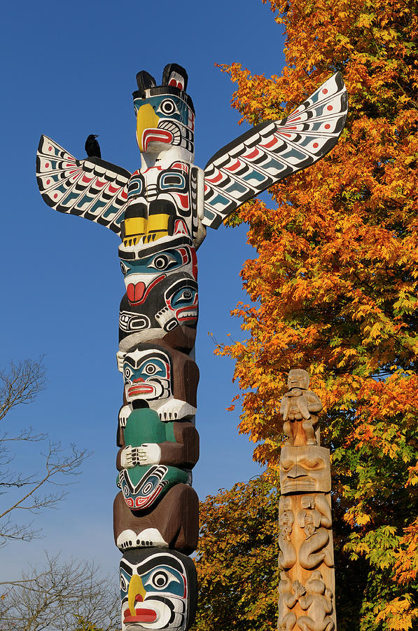 Kakasolas and Beaver Crest totem poles in Stanley Park Vancouver ...