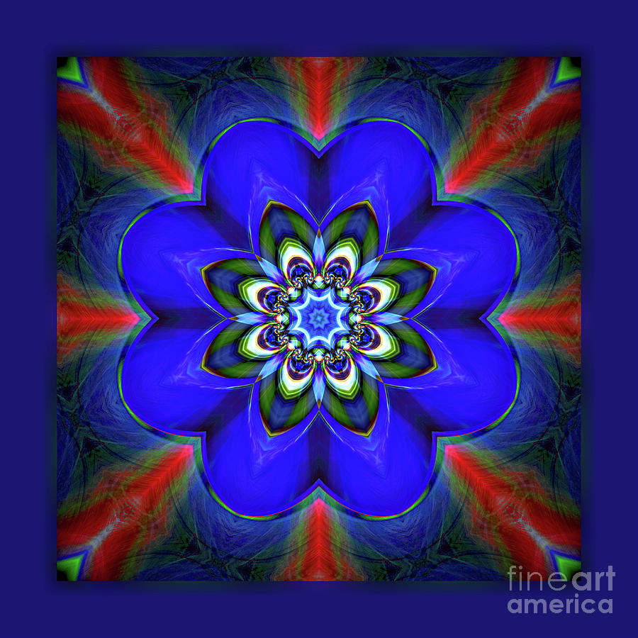 Kaleidoscope - Blue Flower On Red Feathers Digital Art by Gabriele Pomykaj
