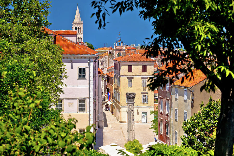 Kalelarga and historic Zadar landmarks view through green frame Photograph by Brch Photography