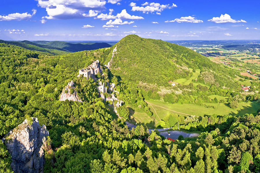 Kalnik mountain ridge and old fortress ruins aerial view Photograph by Brch Photography