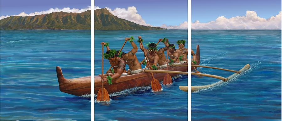 Kane Hawaiian Canoe Paddlers Painting by Stephen Jorgensen