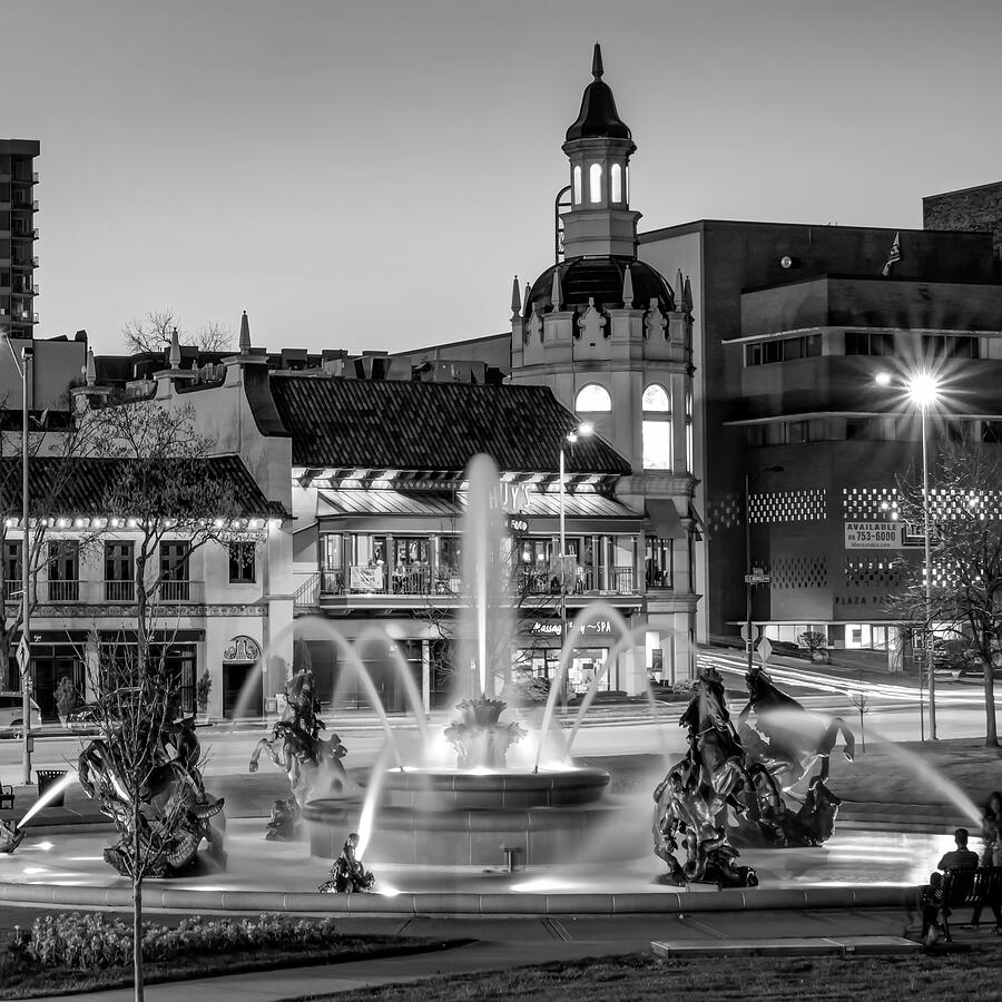 Kansas City Plaza JC Nichols Fountain at Dusk - Square - Black and White Photograph by Gregory Ballos