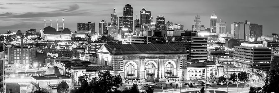 Kansas City Skyline Panorama after Sunset in Black and White Photograph by Gregory Ballos