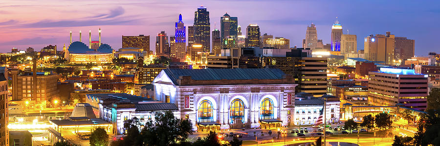 Kansas City Skyline Panorama After Sunset In Color Photograph