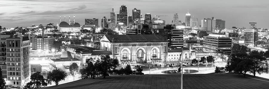 Kansas City Skyline Panorama at Dusk in Black and White Photograph by Gregory Ballos