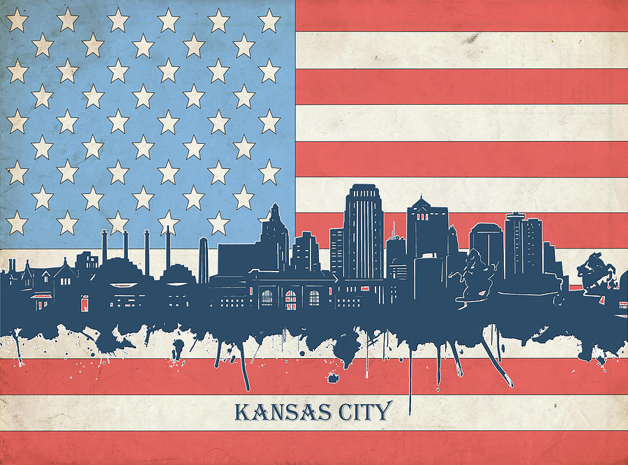 Kansas City Skyline Usa Flag 2 Digital Art by Bekim M