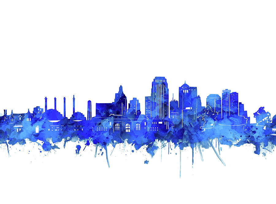 Kansas City Skyline Watercolor Blue Digital Art by Bekim M