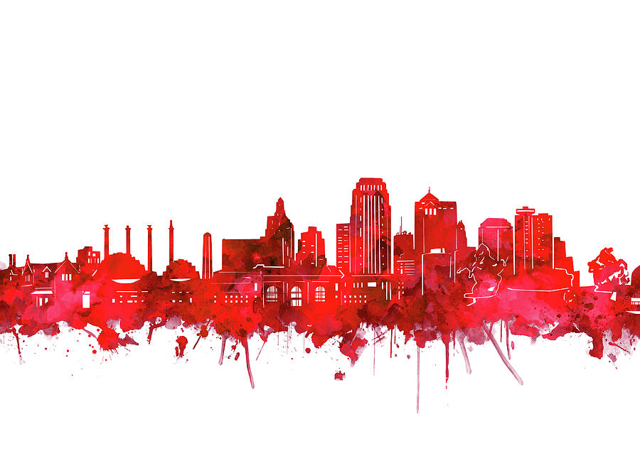 Kansas City Skyline Watercolor Red Digital Art