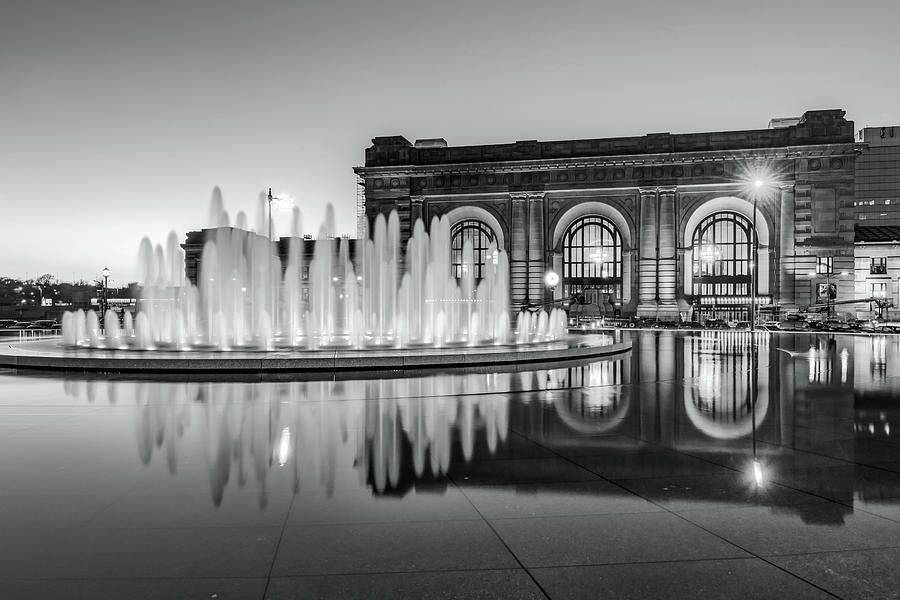 Kansas City Union Station Monochrome Fountain Reflections Photograph by Gregory Ballos