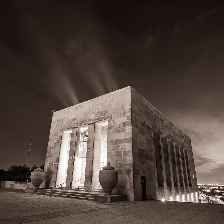 Kansas City War Memorial At Night - Sepia Square Format Photograph
