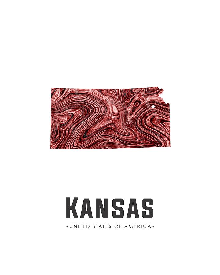 Kansas Map Art Abstract in Deep Red Mixed Media by Studio Grafiikka