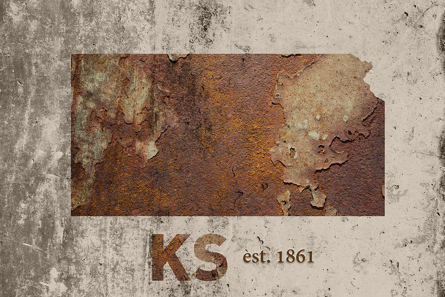 Kansas Map Mixed Media - Kansas State Map Industrial Rusted Metal on Cement Wall with Founding Date Series 040 by Design Turnpike
