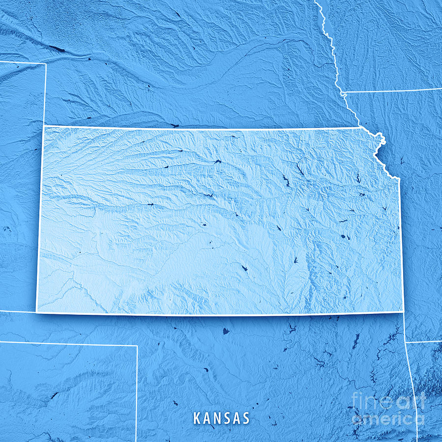 Map Digital Art - Kansas State USA 3D Render Topographic Map Blue Border by Frank Ramspott