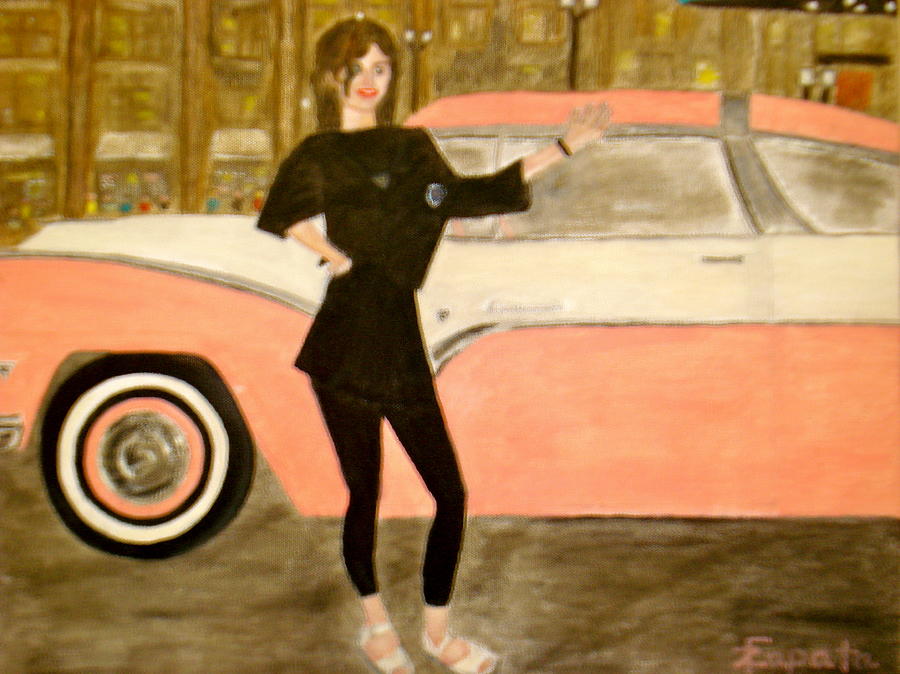 karen-Model in black with pink car Painting by Felix Zapata